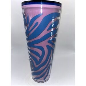 Starbucks Summer 2021 Pink Blue Zebra Print Venti 24oz Tumbler Cold Cup No Straw